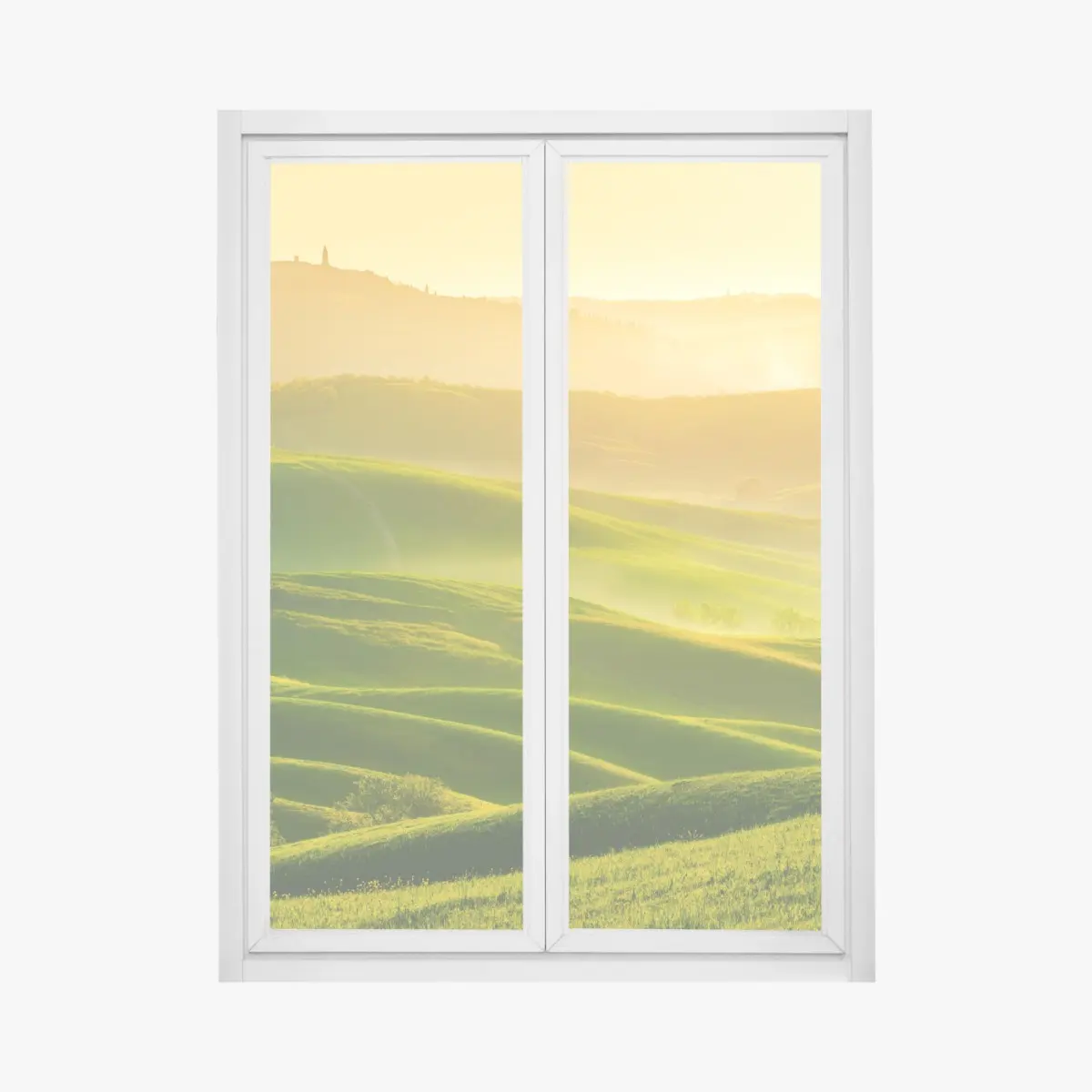 Fensteraufkleber goldener sonnenaufgang über sanften grünen hügeln – Pixers®