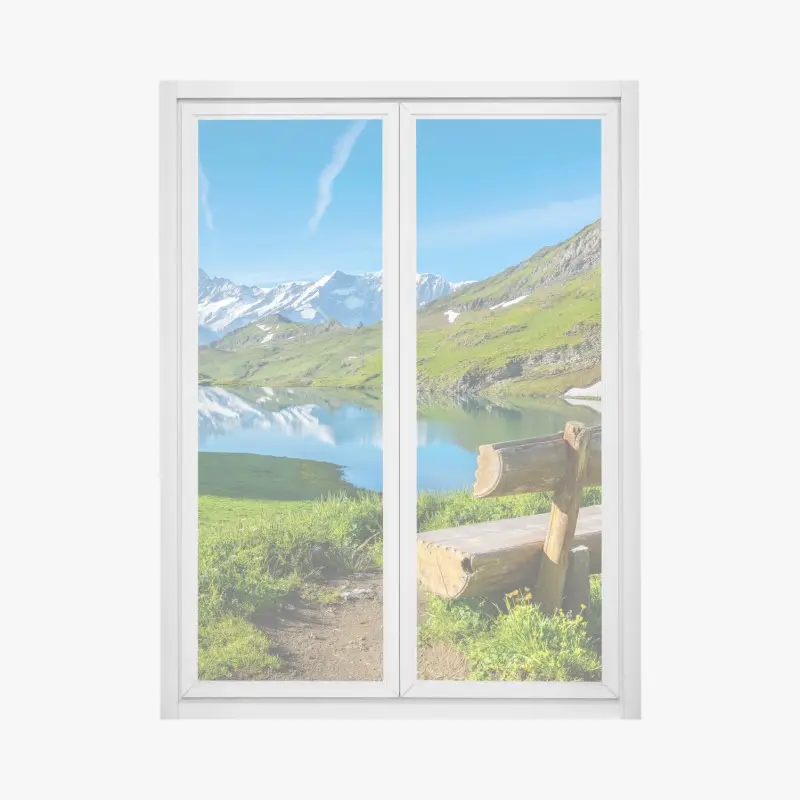 Fensteraufkleber alpensee mit hölzerner bank