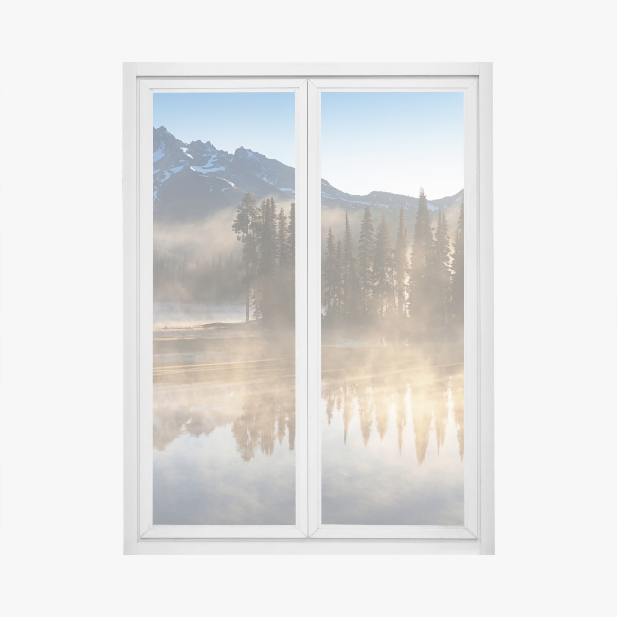 Fensteraufkleber nebliger bergsonnenaufgang mit spiegelung – Pixers®