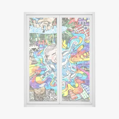 Fensteraufkleber buntes graffiti-mural mit träumendem kind – Pixers®