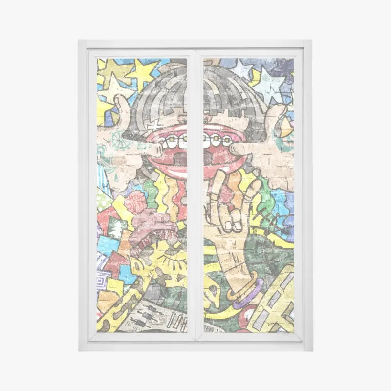 Fensteraufkleber buntes graffiti-mural mit verspielter figur