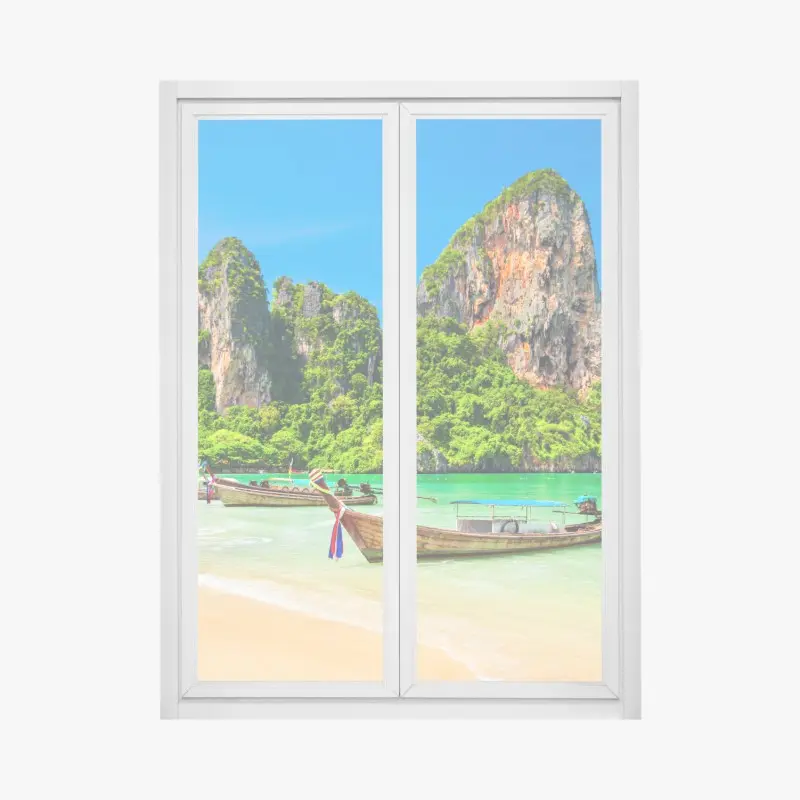 Fensteraufkleber longtail-boote an einem tropischen strand, Thailand