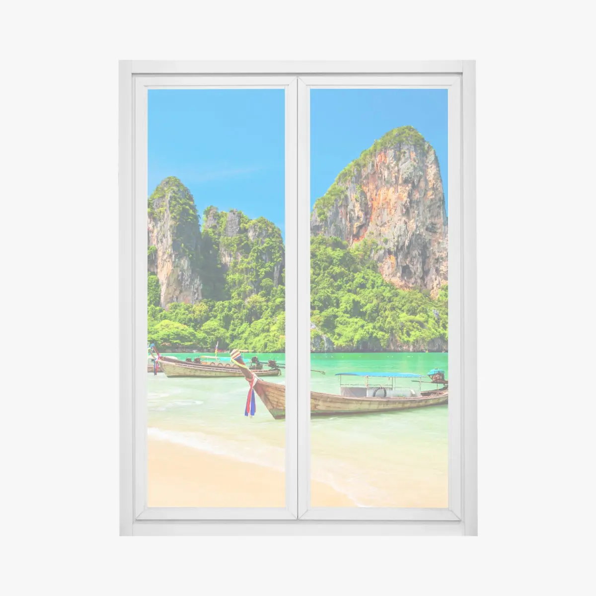 Fensteraufkleber longtail-boote an einem tropischen strand, Thailand – Pixers®