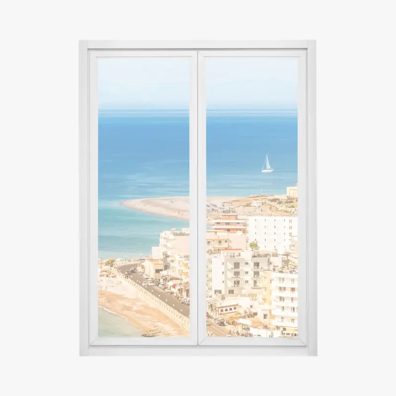 Fensteraufkleber sonnige küstenstadt-panorama mit segelboot