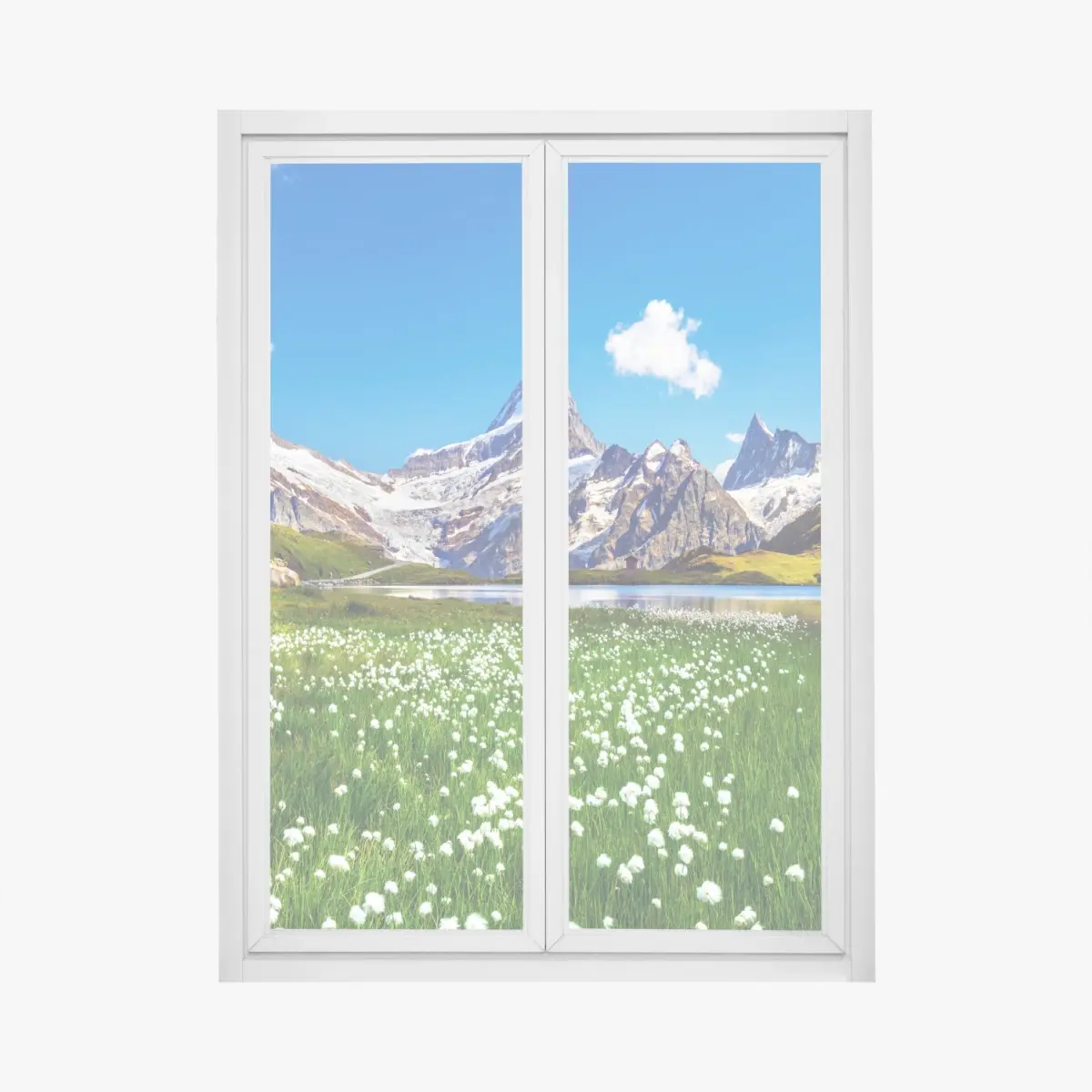 Fensteraufkleber alpensee mit blumenwiese und berggipfeln – Pixers®