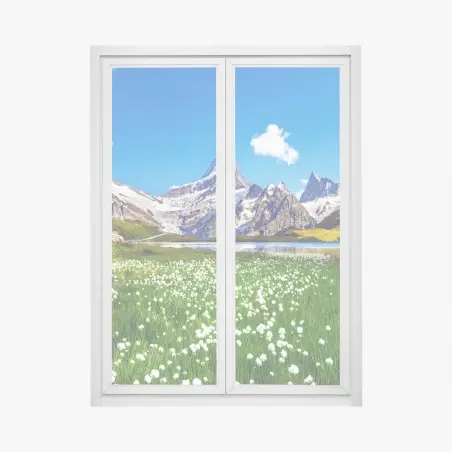 Fensteraufkleber alpensee mit blumenwiese und berggipfeln – Pixers®
