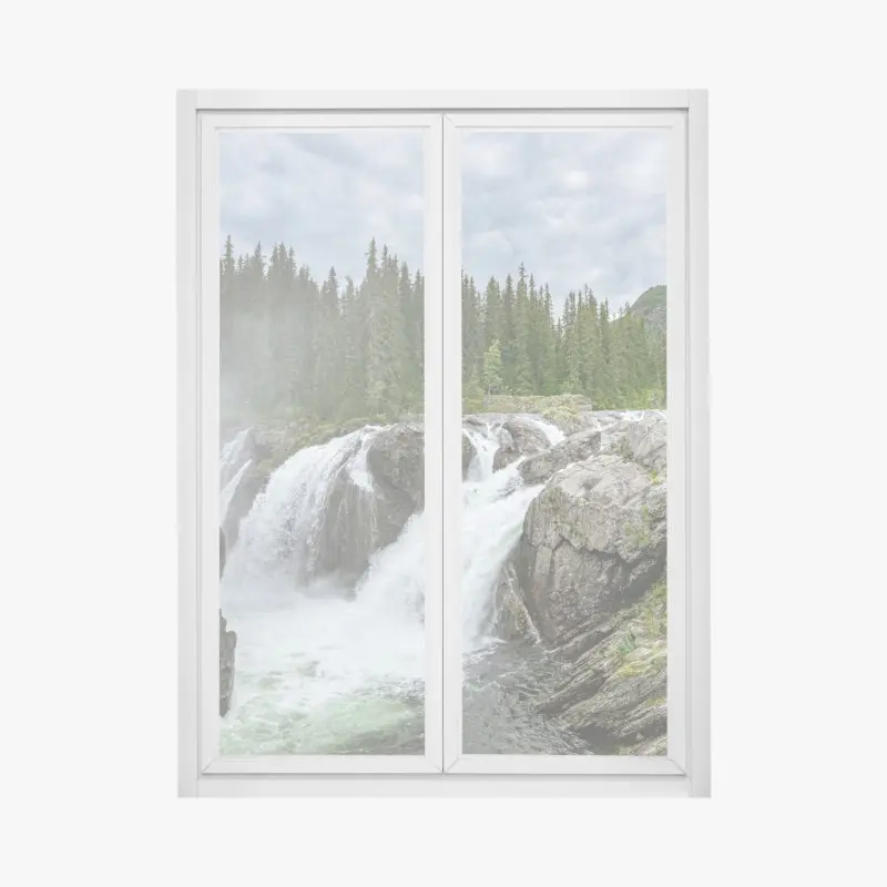 Fensteraufkleber nebliger wasserfall im dichten kiefernwald