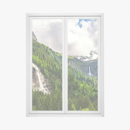 Fensteraufkleber nebelverhangener alpenwasserfall über grüner waldschlucht – Pixers®