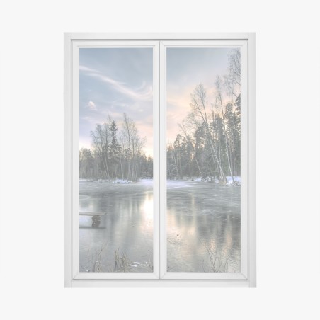 Fensteraufkleber vereister see im dämmerlicht mit waldspiegelung – Pixers®