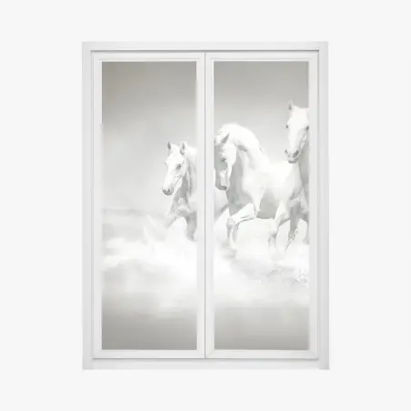 Fensteraufkleber drei weiße pferde im galopp durch wasser – Pixers®