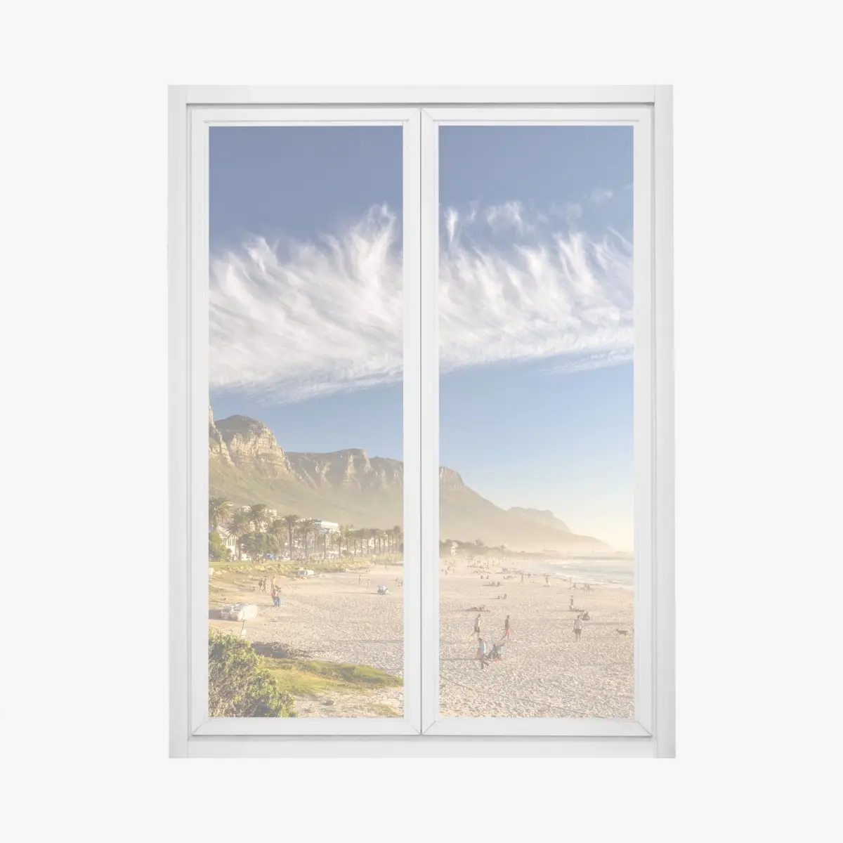 Fensteraufkleber sonnenstrand mit bergkulisse – Pixers®