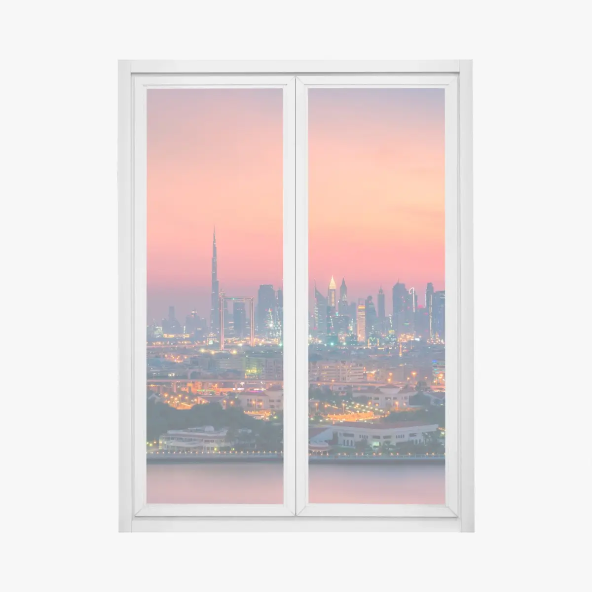 Fensteraufkleber Dubai skyline bei sonnenuntergang – Pixers®