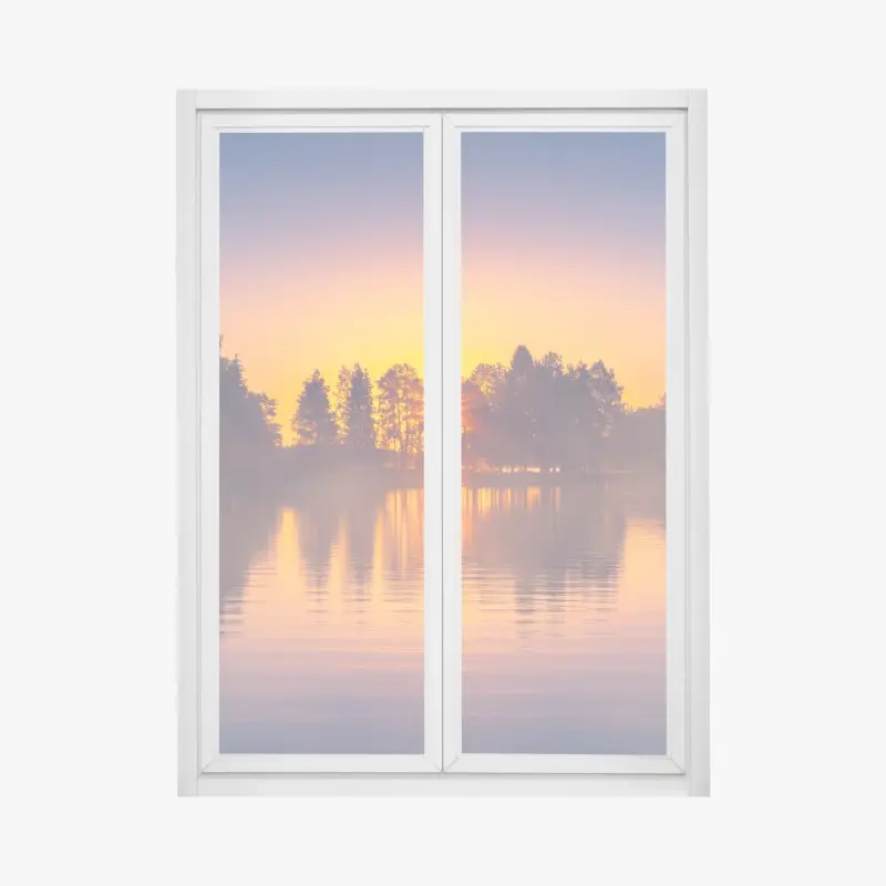 Fensteraufkleber nebliger sonnuntergang am see
