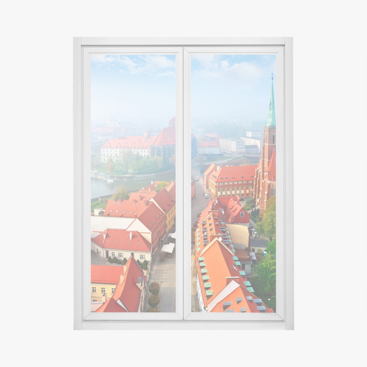 Fensteraufkleber neblige europäische stadtszene mit roten dächern – Pixers®