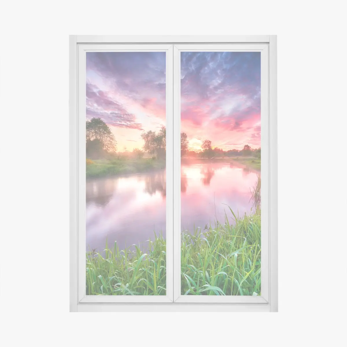 Fensteraufkleber ruhiger sommer sonnenaufgang am flussufer – Pixers®