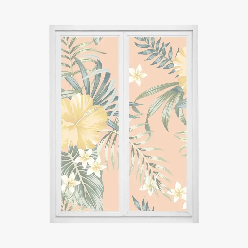 Fensteraufkleber tropisches hibiskusmuster auf pfirsichfarbenem hintergrund
