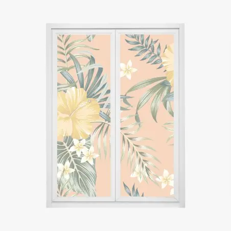 Fensteraufkleber tropisches hibiskusmuster auf pfirsichfarbenem hintergrund – Pixers®