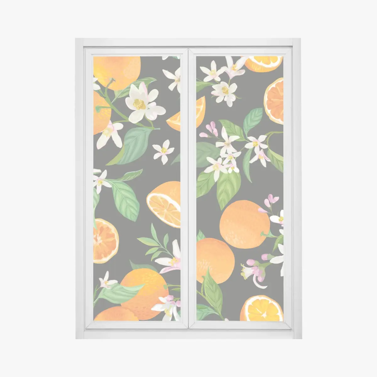 Fensteraufkleber orangeblüten- und zitrusmuster auf dunklem hintergrund – Pixers®