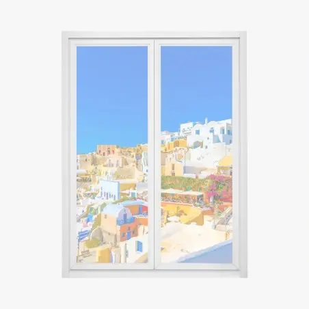 Fensteraufkleber sonniges Dorf Oia, Santorini – Pixers®