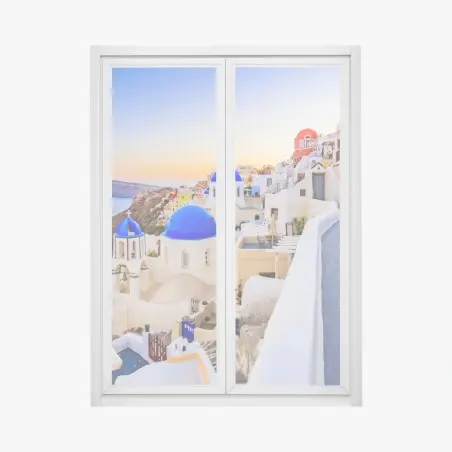 Fensteraufkleber Santorini sonnenuntergang über blauen kuppeln – Pixers®