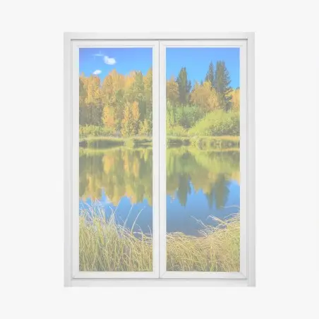 Fensteraufkleber herbstbäume spiegeln sich in einem ruhigen see – Pixers®