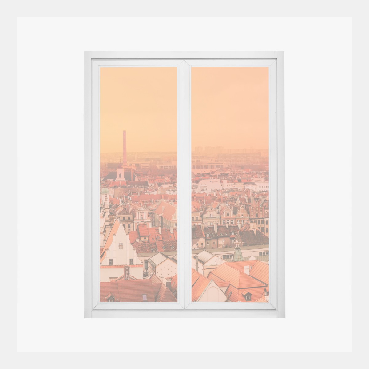 Fensteraufkleber warmer sonnenuntergang über historischen stadtdächern – Pixers®