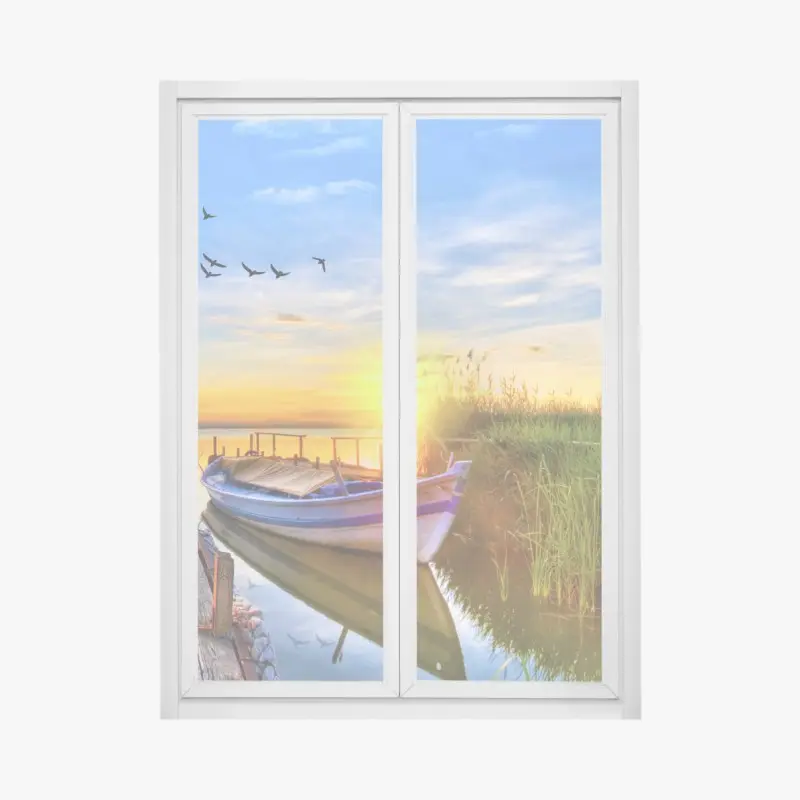 Fensteraufkleber sonnenuntergang am see mit boot am steg
