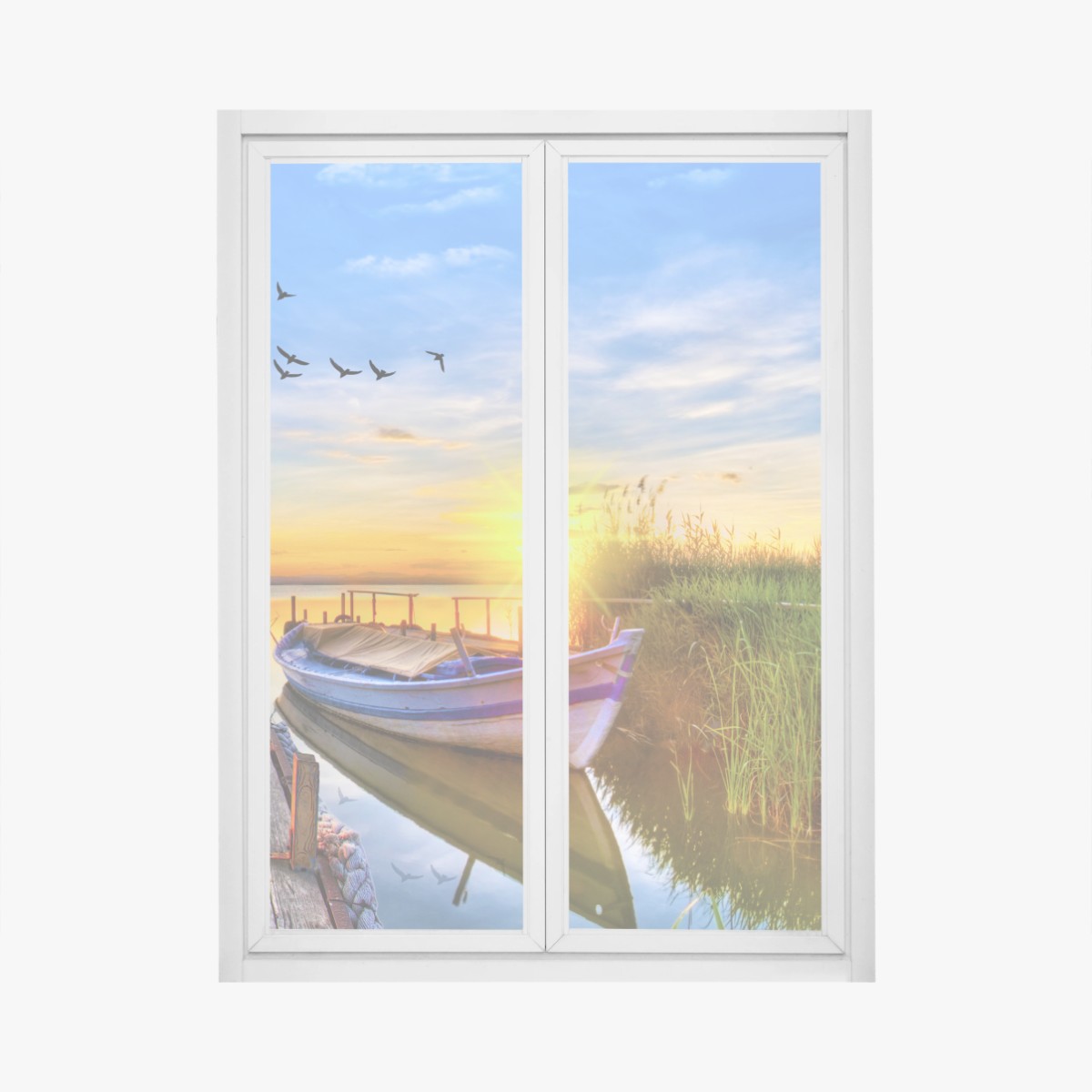 Fensteraufkleber sonnenuntergang am see mit boot am steg – Pixers®