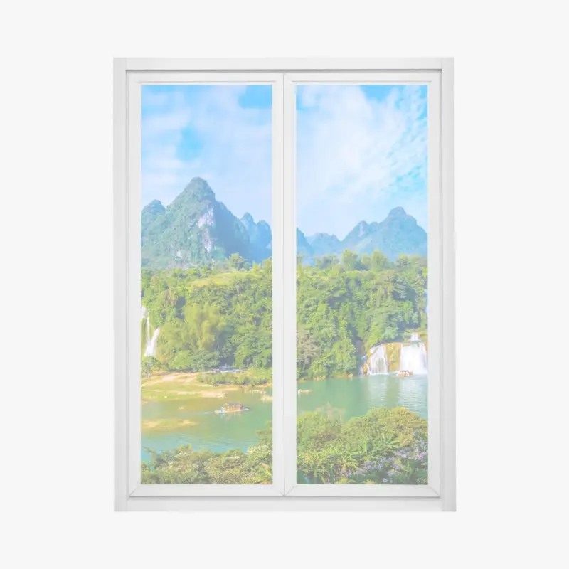 Fensteraufkleber üppige panoramaansicht eines wasserfalls mit karstbergen