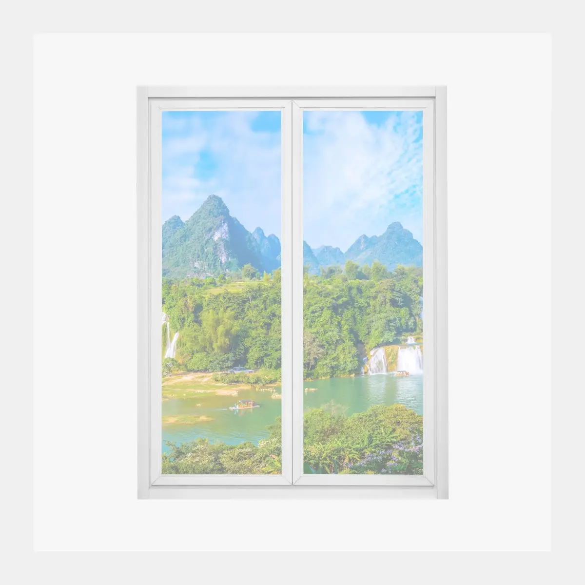 Fensteraufkleber üppige panoramaansicht eines wasserfalls mit karstbergen – Pixers®