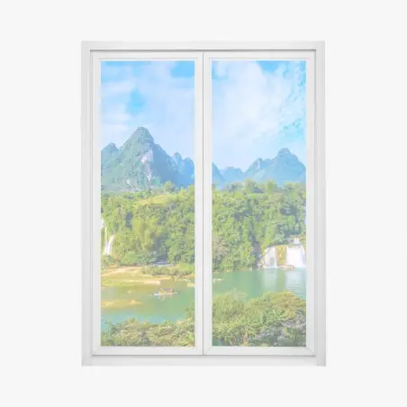 Fensteraufkleber üppige panoramaansicht eines wasserfalls mit karstbergen – Pixers®