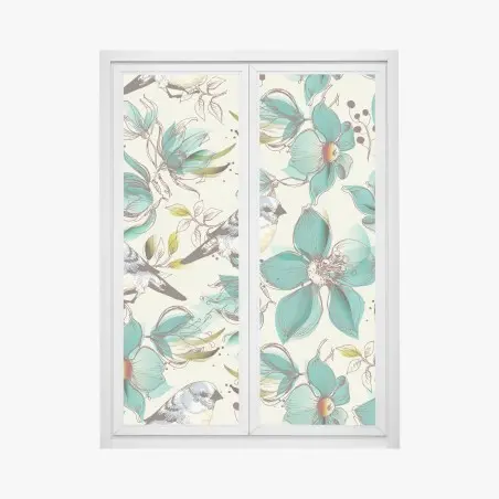 Fensteraufkleber retro türkis blumen- und vogelmuster – Pixers®