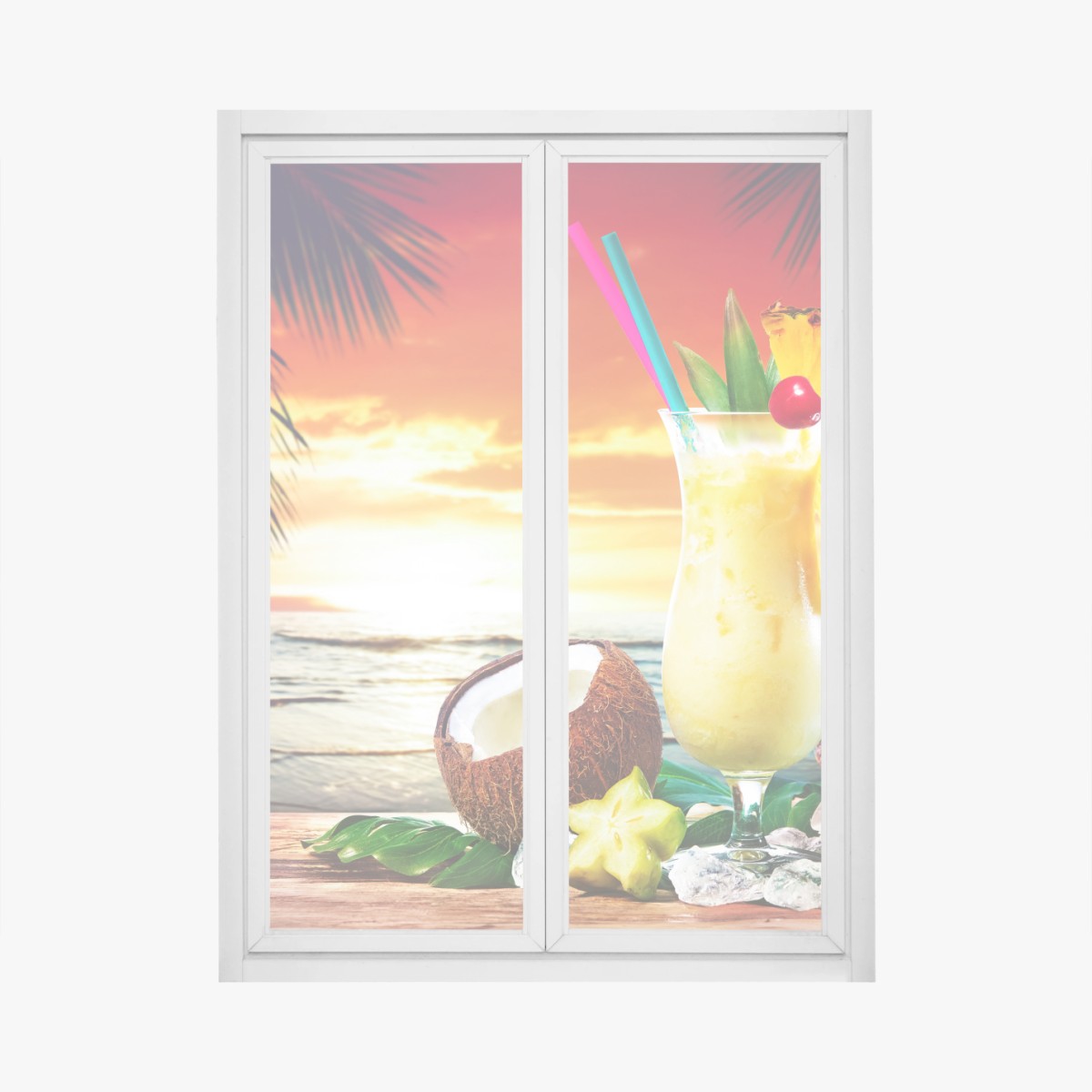 Fensteraufkleber tropischer kokos-ananas-cocktail am strand bei sonnenuntergang – Pixers®