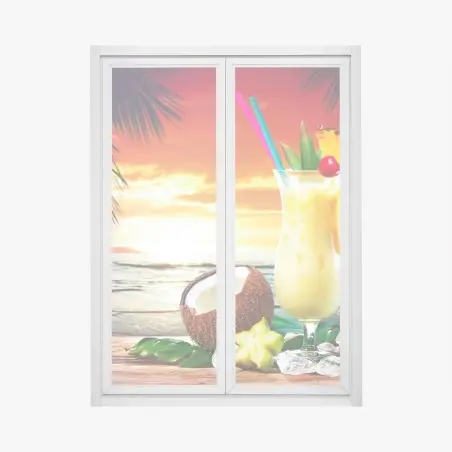 Fensteraufkleber tropischer kokos-ananas-cocktail am strand bei sonnenuntergang – Pixers®