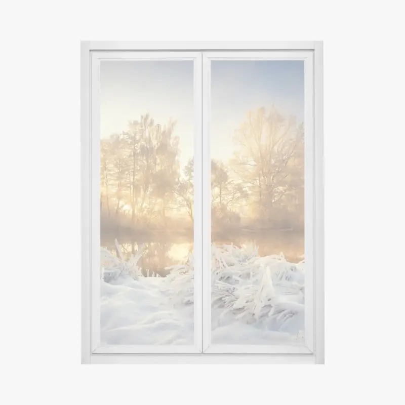 Fensteraufkleber goldener wintersonnenaufgang über dem frostigen fluss