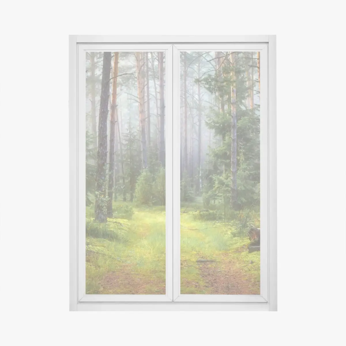 Fensteraufkleber nebliger kiefernwald mit pfad – Pixers®