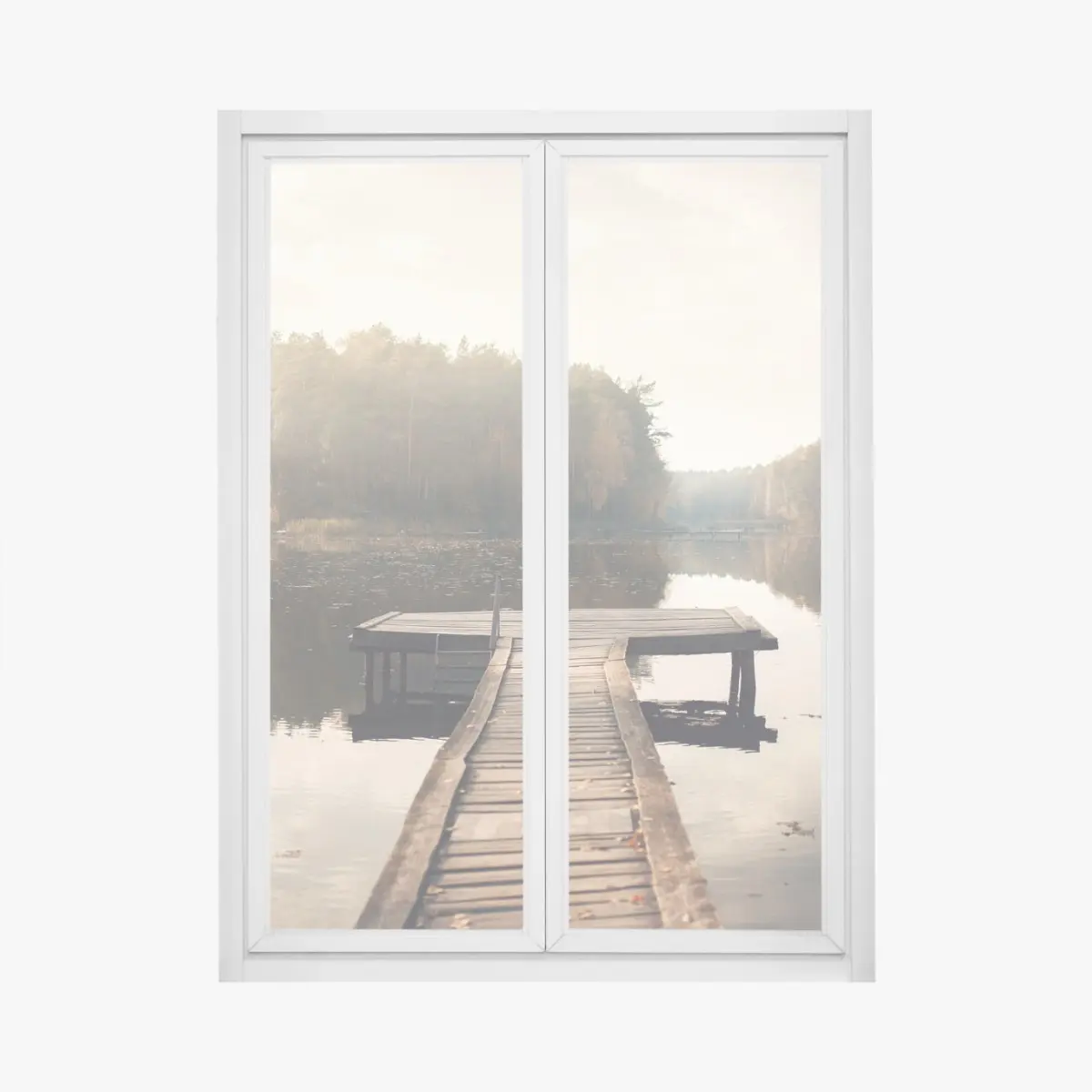 Fensteraufkleber herbstmorgen am see mit hölzernem steg – Pixers®