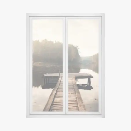 Fensteraufkleber herbstmorgen am see mit hölzernem steg – Pixers®