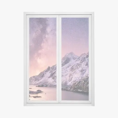 Fensteraufkleber milchstraße über verschneiten bergen in Norwegen – Pixers®