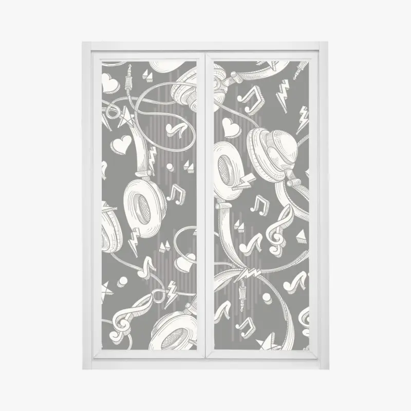 Fensteraufkleber monochromatisches muster mit kopfhörern und noten
