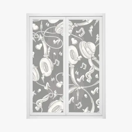 Fensteraufkleber monochromatisches muster mit kopfhörern und noten – Pixers®