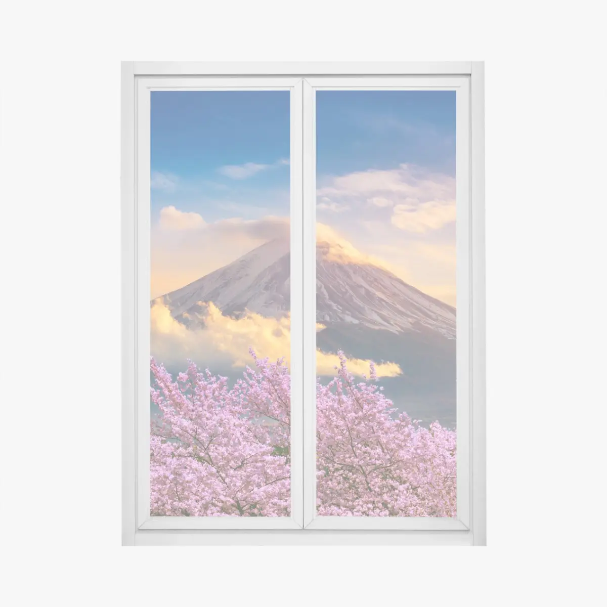 Fensteraufkleber Berg Fuji mit blühenden kirschblüten bei sonnenaufgang – Pixers®