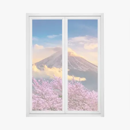 Fensteraufkleber Berg Fuji mit blühenden kirschblüten bei sonnenaufgang – Pixers®