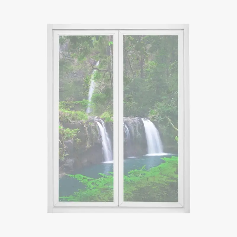 Fensteraufkleber beruhigender wasserfall im smaragdgrünen wald