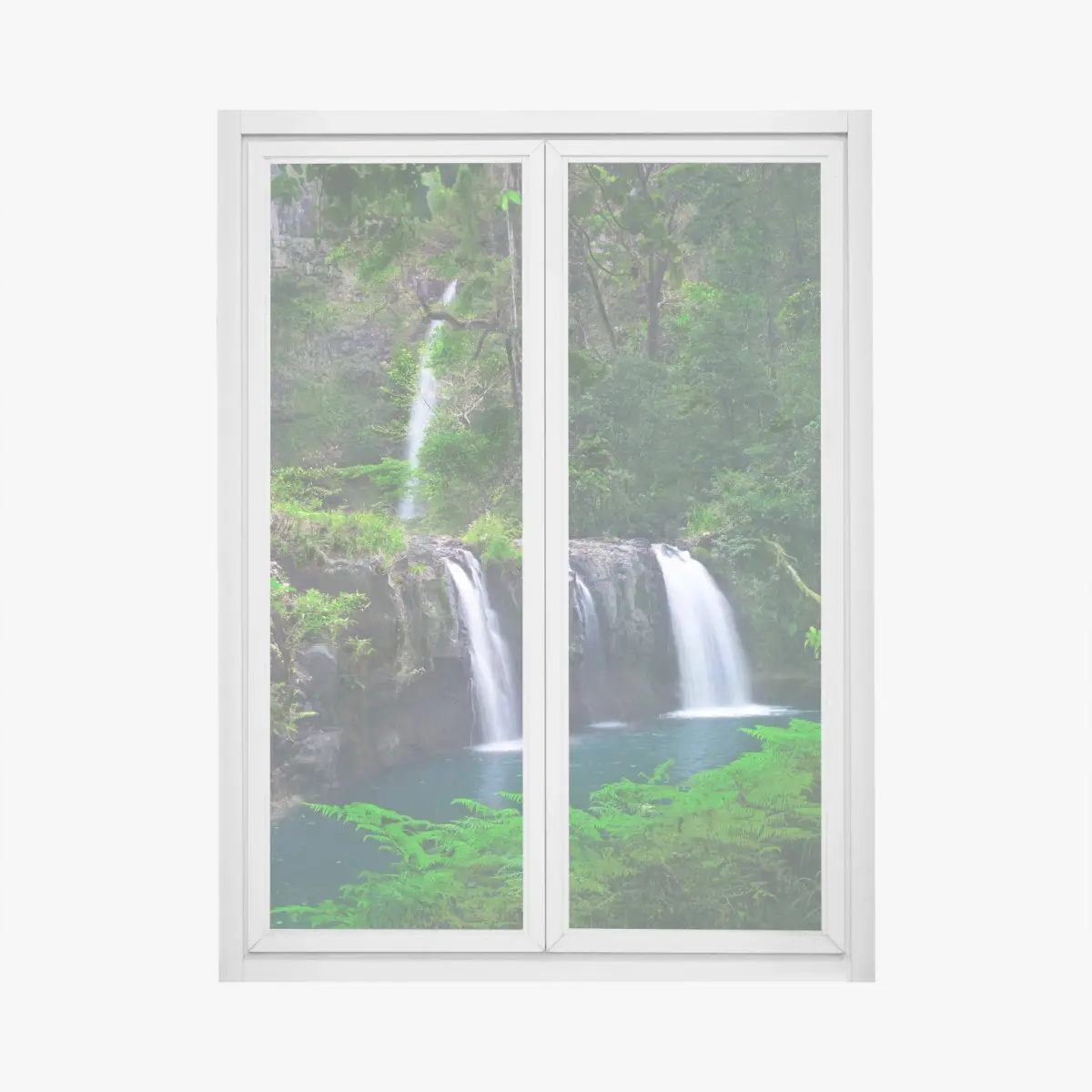 Fensteraufkleber beruhigender wasserfall im smaragdgrünen wald – Pixers®