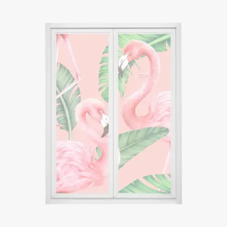 Fensteraufkleber rosa flamingo muster mit tropischen blättern – Pixers®