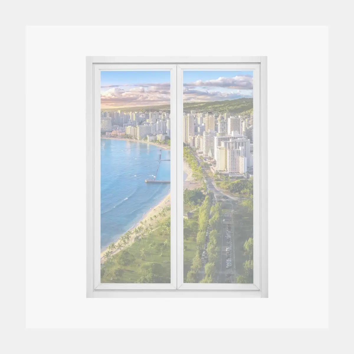 Fensteraufkleber skyline einer küstenstadt bei sonnenuntergang – Pixers®