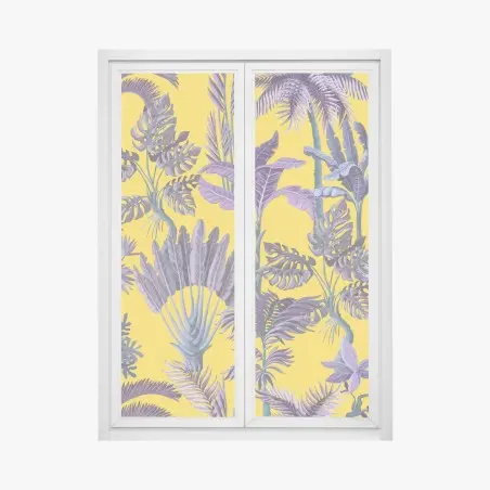 Fensteraufkleber tropische lila blätter auf gelbem hintergrund – Pixers®