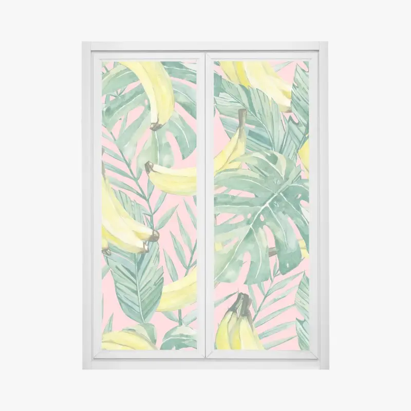 Fensteraufkleber aquarell-bananen und blättermuster auf rosa hintergrund
