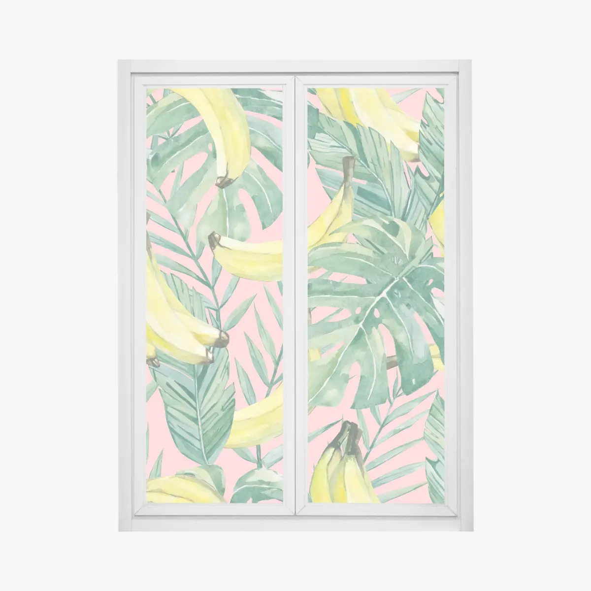 Fensteraufkleber aquarell-bananen und blättermuster auf rosa hintergrund – Pixers®